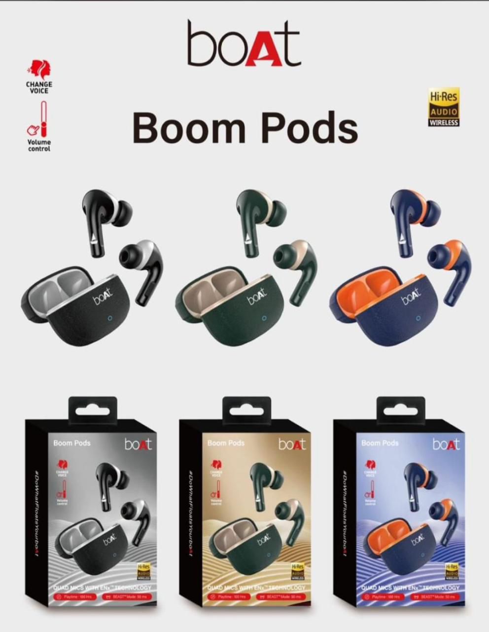 boAt Boom Pods True Wireless Earbuds with ENx™ Quad Mics, Hi-Res Wireless Audio & Voice Change Feature